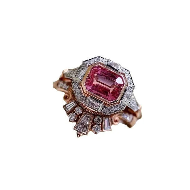Rose gold alloy women's fashion ring with geometric shape and gemstones in a retro style.