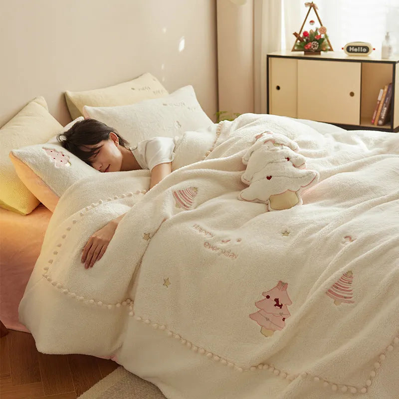 Milk fibre bedding set with green Christmas tree pattern showing quilt cover, fitted sheet, and pillowcases arranged on bed