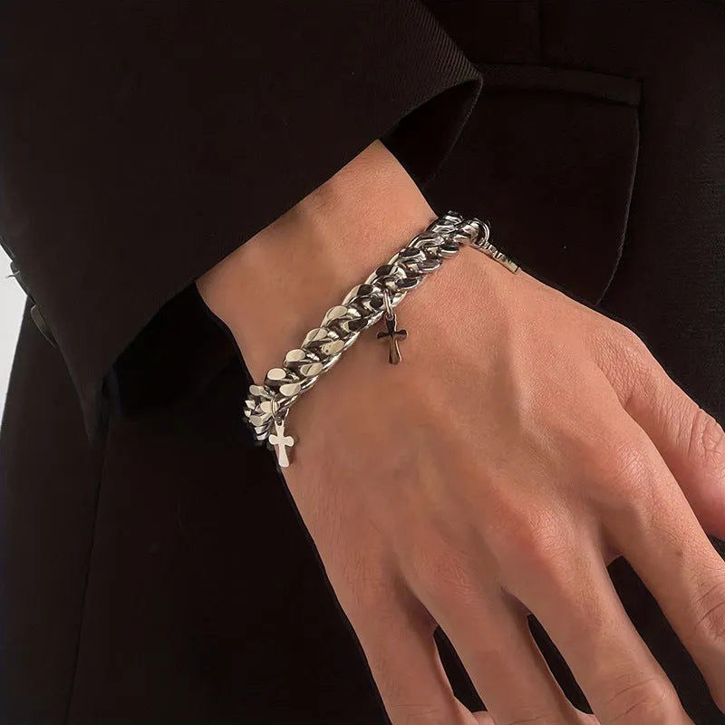 Men's titanium steel bracelet with a geometric cross design in a cold wind style.