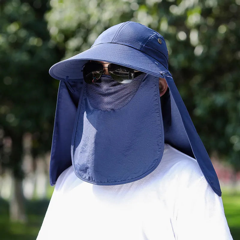 Men's khaki sun protection hat with USB fan and attached face covering shawl for neck protection.