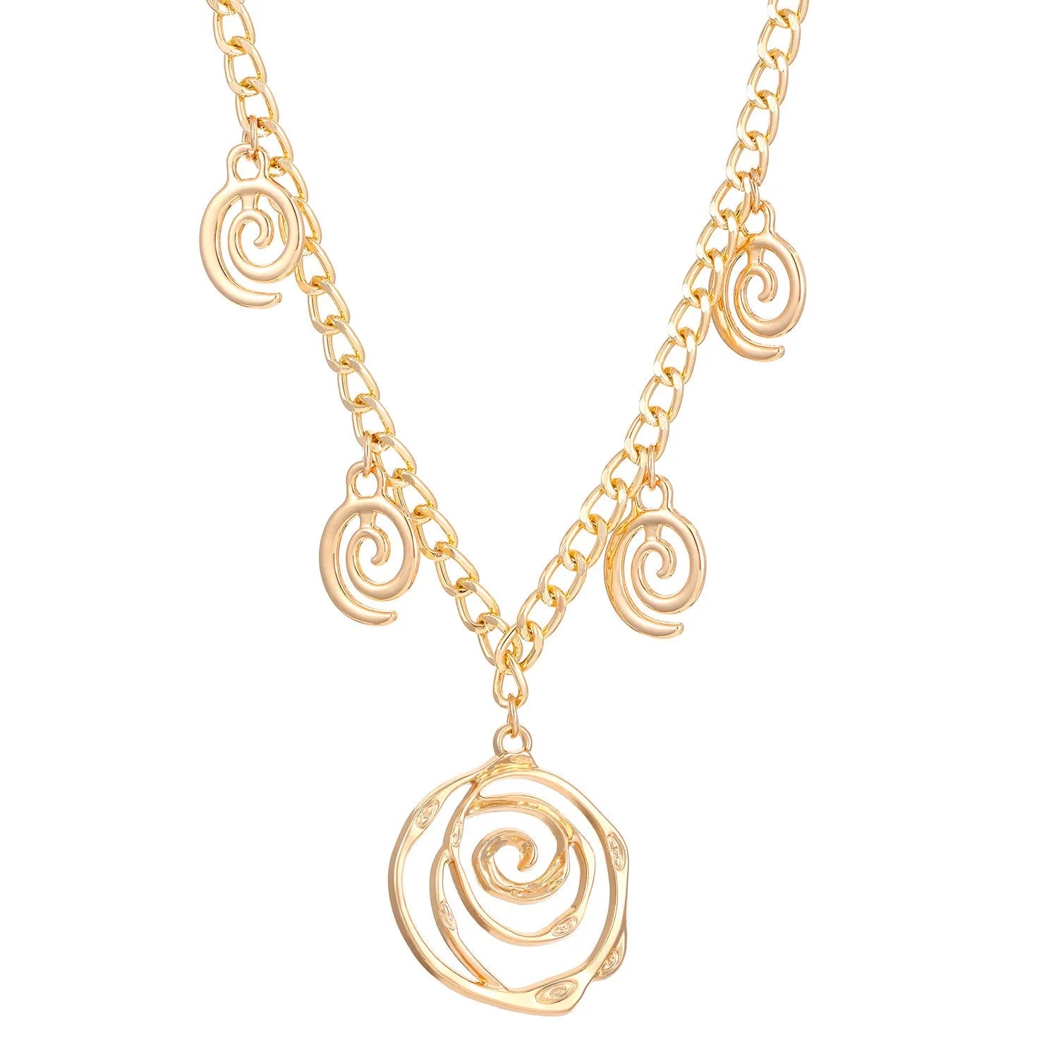 Spiral donut jewellery set showing necklace, bracelet, and earrings in geometric circle design with gold finish
