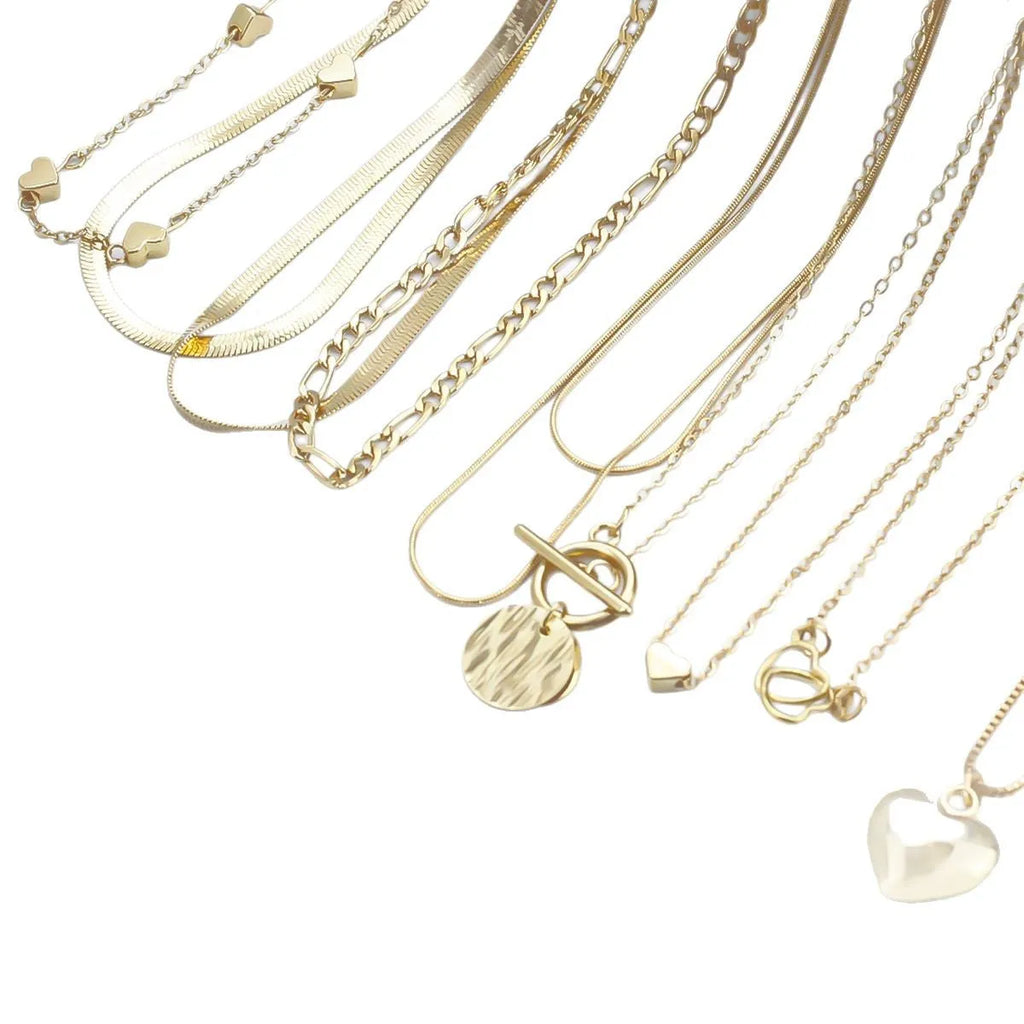 10-piece gold electroplated women's necklace set with simple alloy pendants on snake bone chains