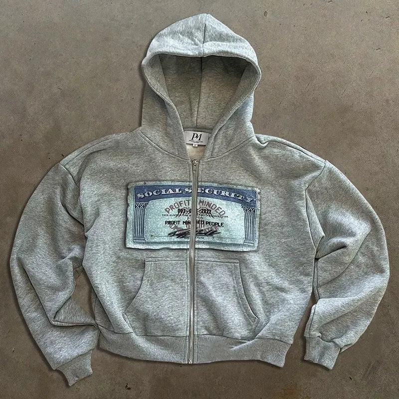 Unisex loose fit hoodie jacket with letters pattern and zipper pockets in black, grey, or pink.