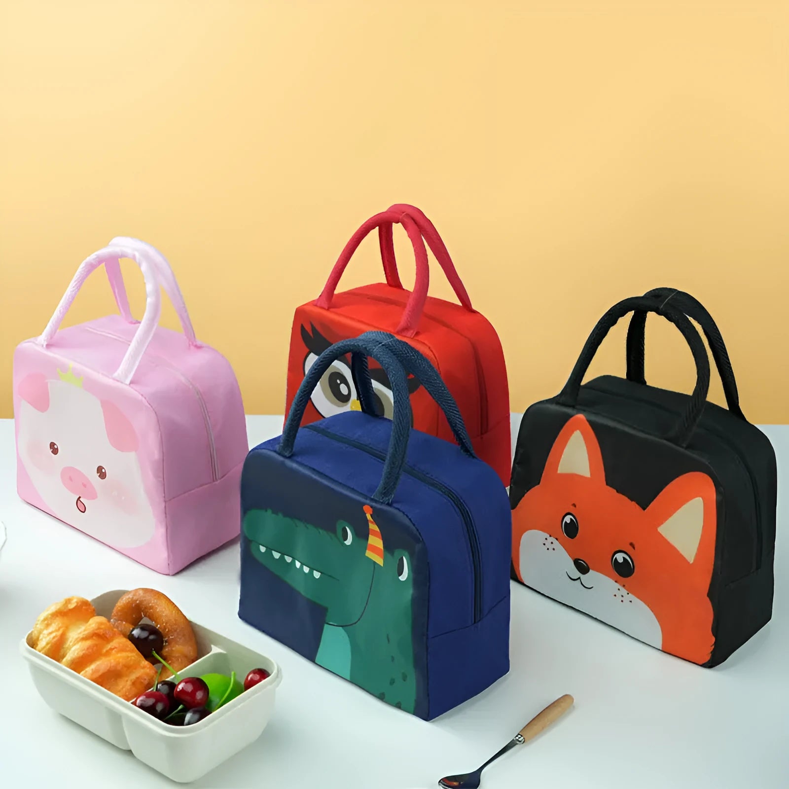 Orange cartoon bear insulated lunch box bag with aluminium foil lining for heat preservation.