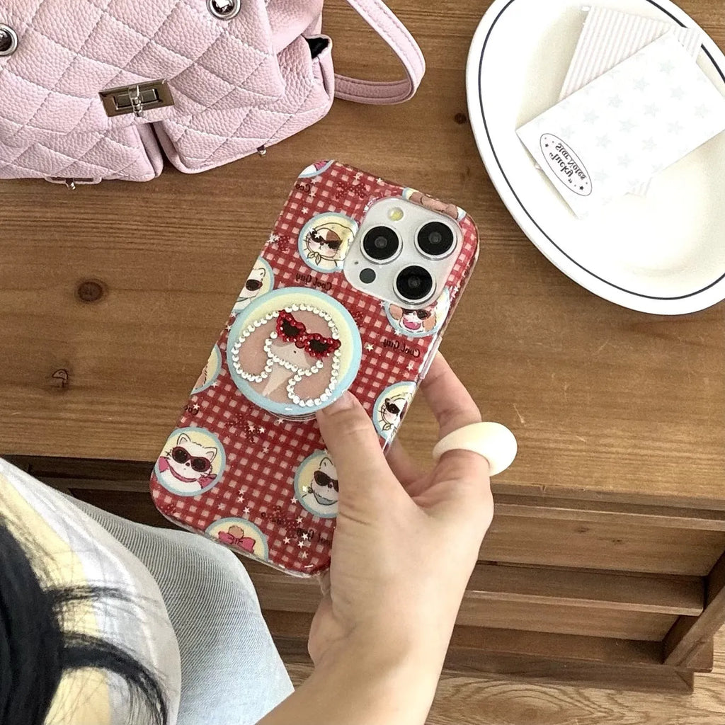 Cartoon glasses puppy spot drill phone case with bracket for iPhone 13-16 in TPU PC material