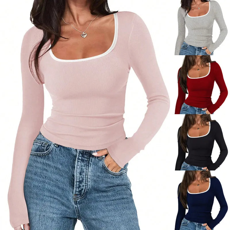 Women's slim fit cotton pullover with square collar in light grey, front view.