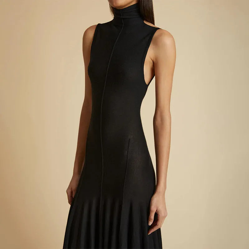 Grey slim-fit backless dress with half turtleneck and high waist design