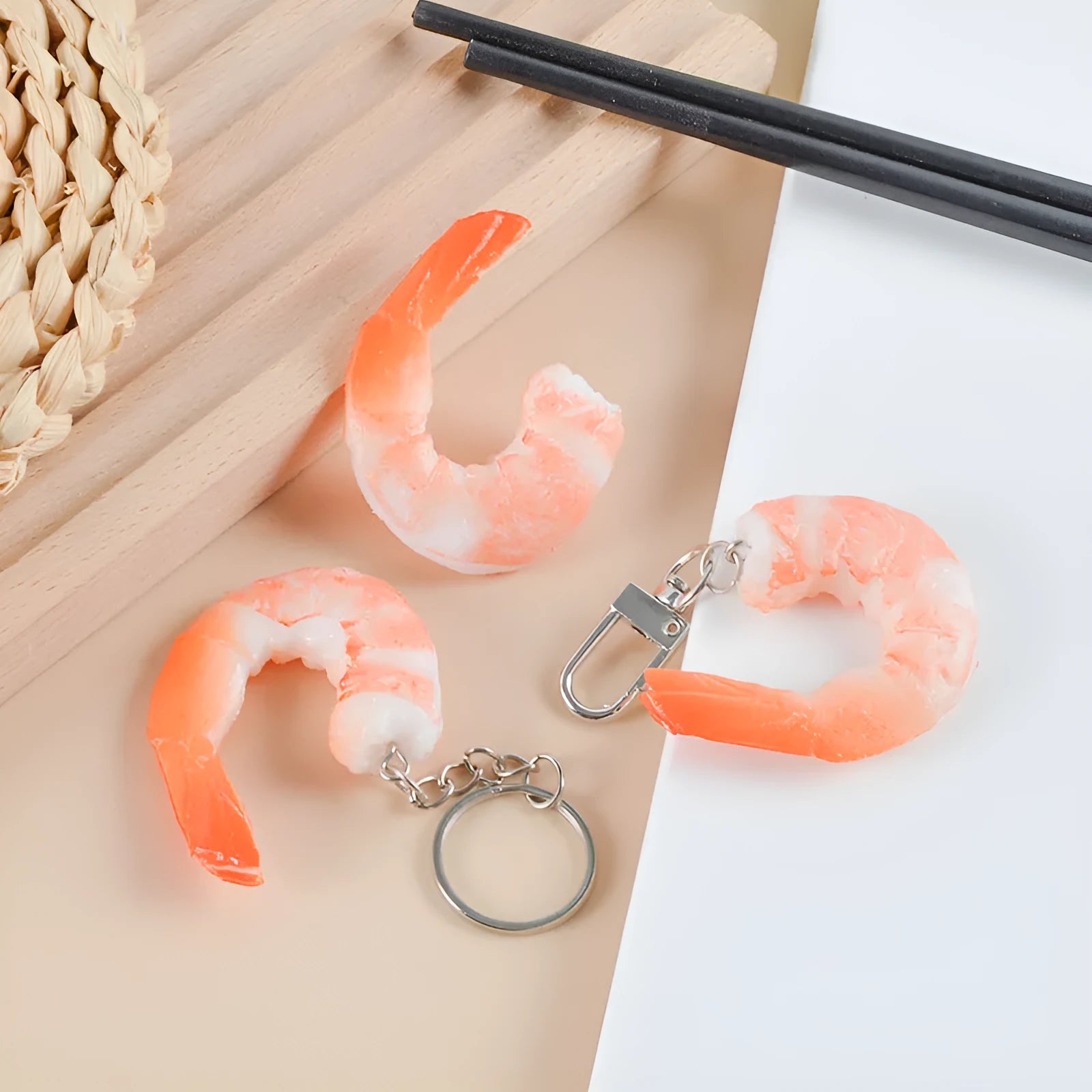 White simulation shrimp PVC keychain with door buckle attachment