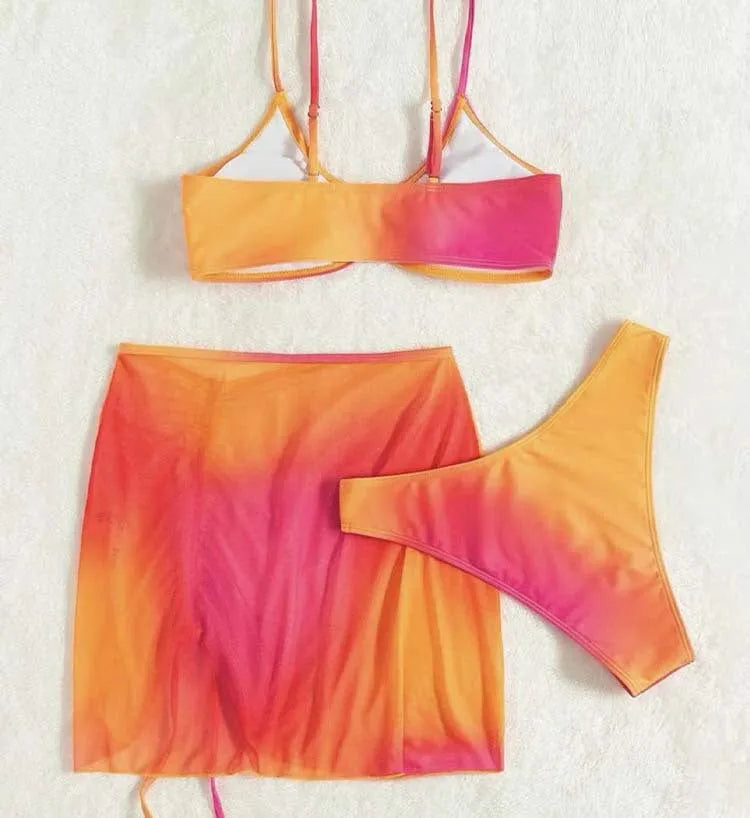 Women's orange and purple gradient three-piece swimsuit with adjustable loop buckle design