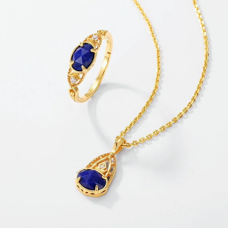 Geometric lapis lazuli silver ring with ellipse stone shape and Japanese design style