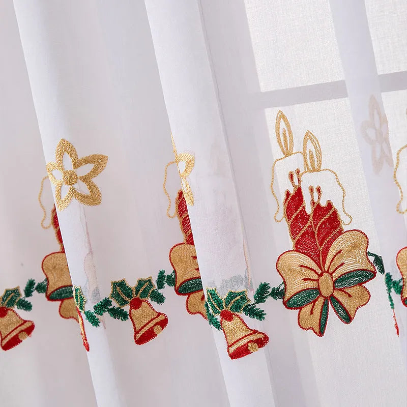 American Christmas curtain with embroidered snowflake design in red and white colour scheme