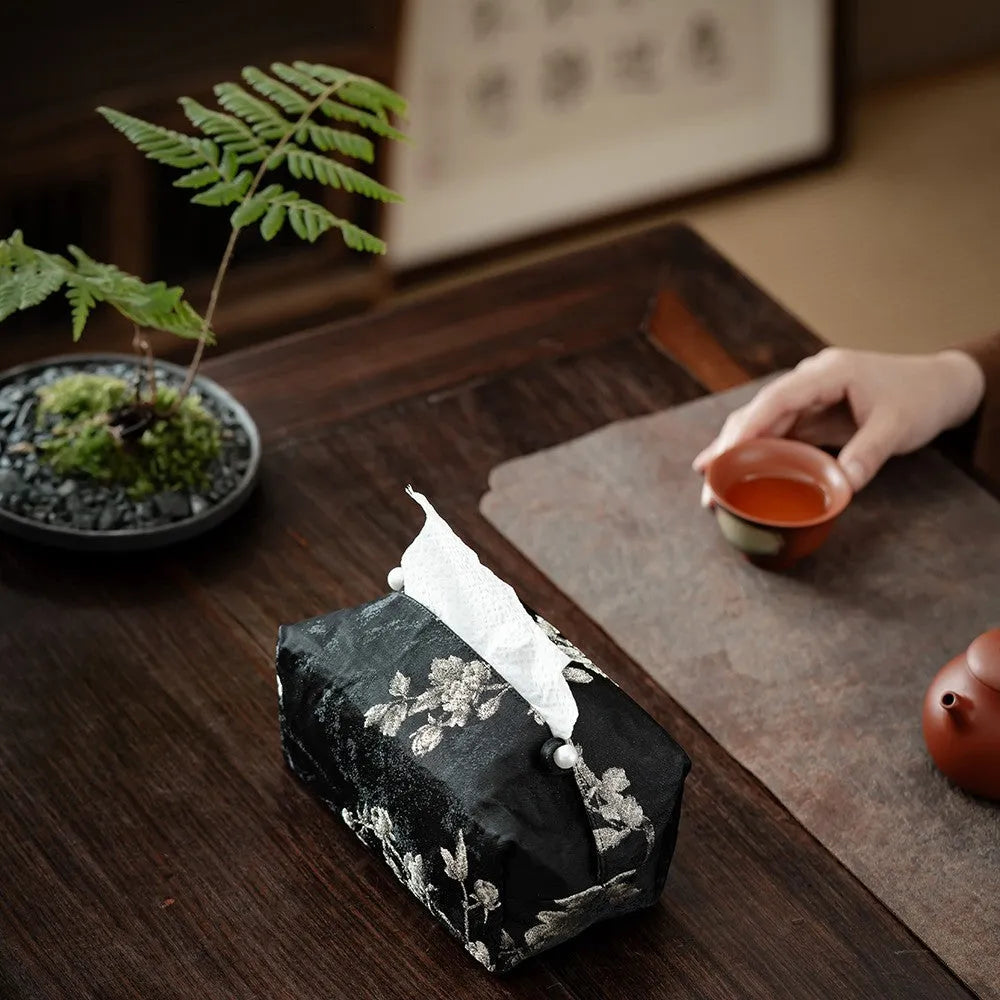 New Chinese style white embroidered plum blossom brocade fabric tissue box with pearl buckle.