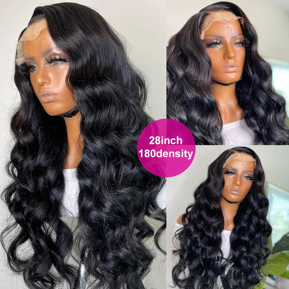 Black synthetic curly wig with front lace and side bangs, shown in long lengths.