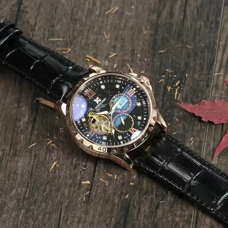 Automatic mechanical watch with hollow dial, rose gold case, black leather strap
