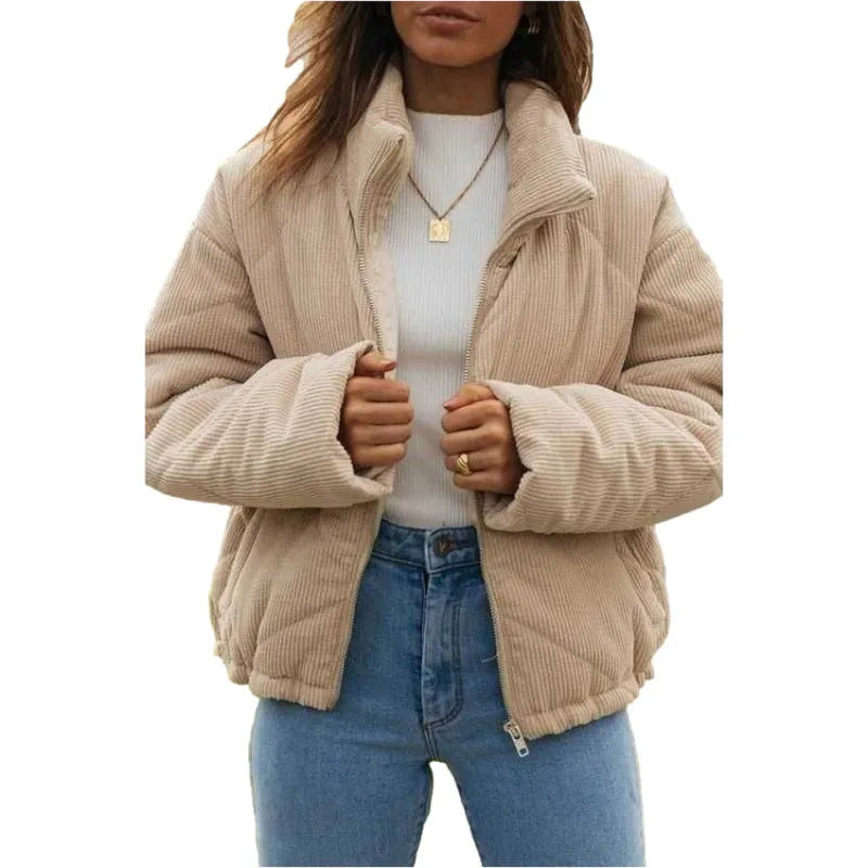 Women's apricot corduroy wadded jacket with stand collar and zip front in street fashion style