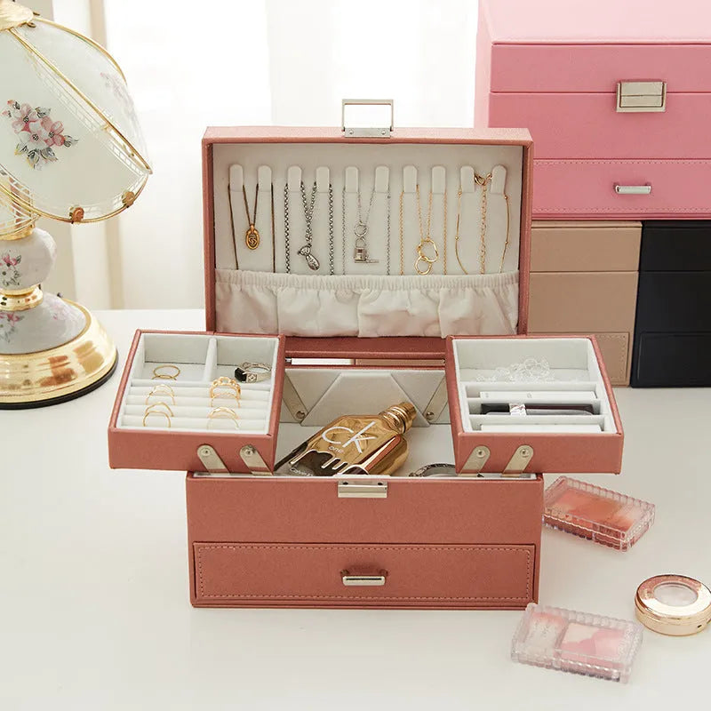 PU leather hard-shell jewellery storage box in rose gold colour