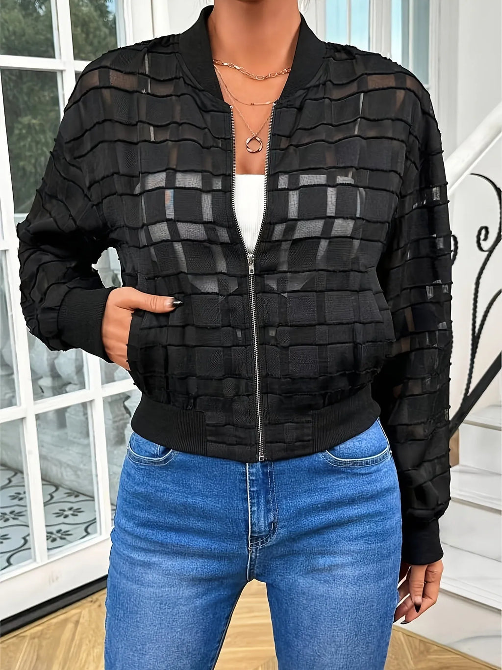 Women's black geometric pattern semi-transparent thread casual jacket with zipper