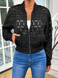 Women's black geometric pattern semi-transparent thread casual jacket with zipper