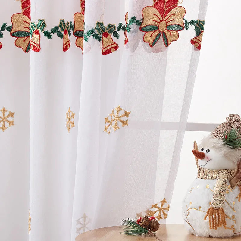 American Christmas curtain with embroidered snowflake design in red and white colour scheme
