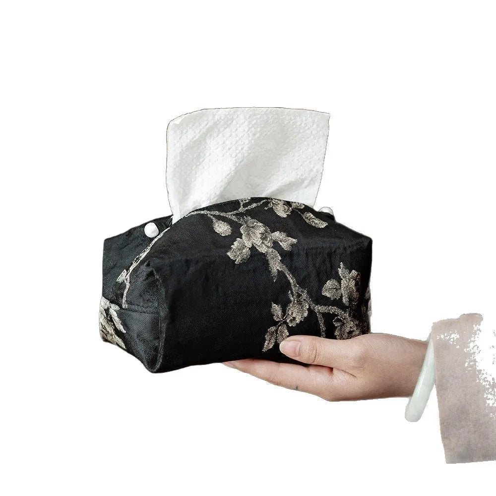 New Chinese style white embroidered plum blossom brocade fabric tissue box with pearl buckle.