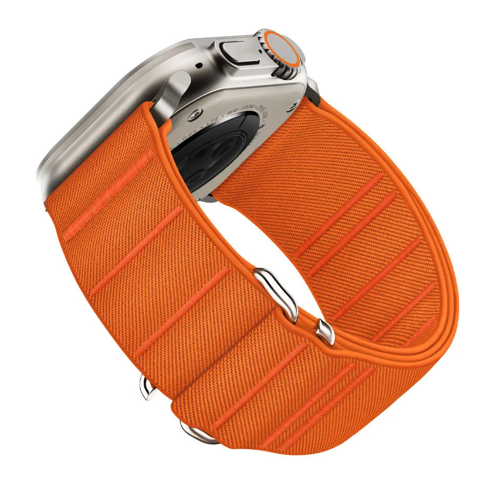 Elastic nylon Apple Watch replacement strap with stainless steel buckle in multiple colour options.