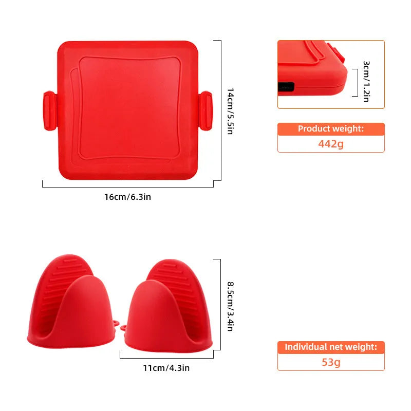 Red silicone baking tray with handbag-style anti-scald grip handles and matching gloves