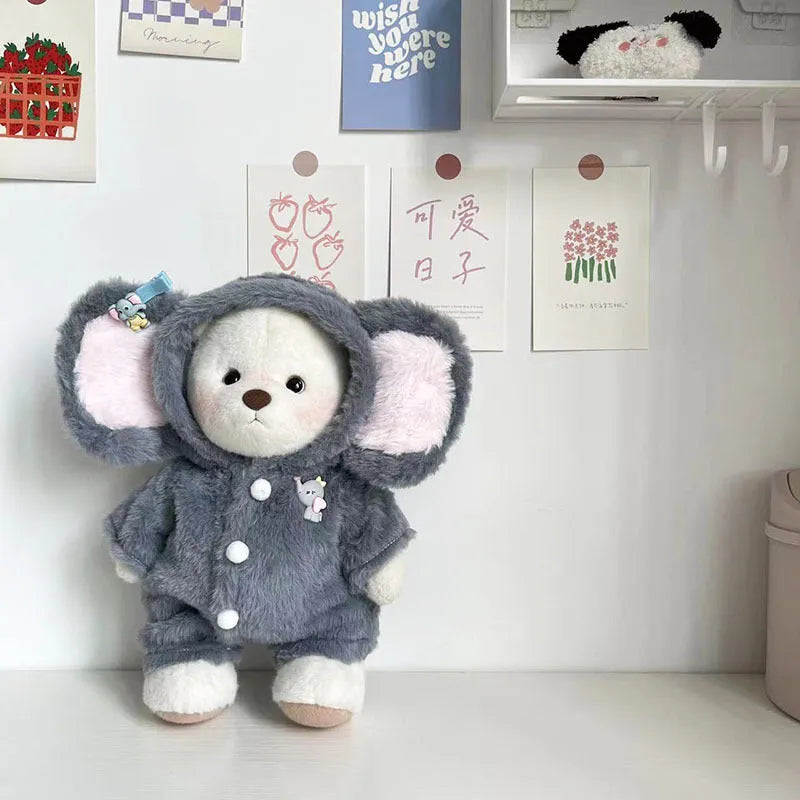 Grey elephant plush jumpsuit costume for a 30cm Lina bear doll.