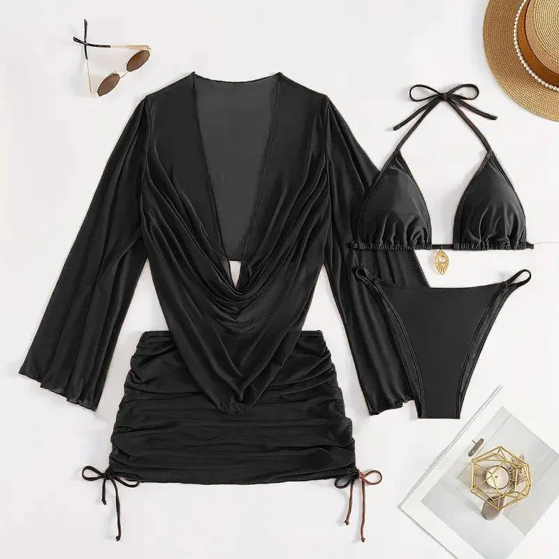 Women's black lace-up front bikini swimsuit set with briefs style