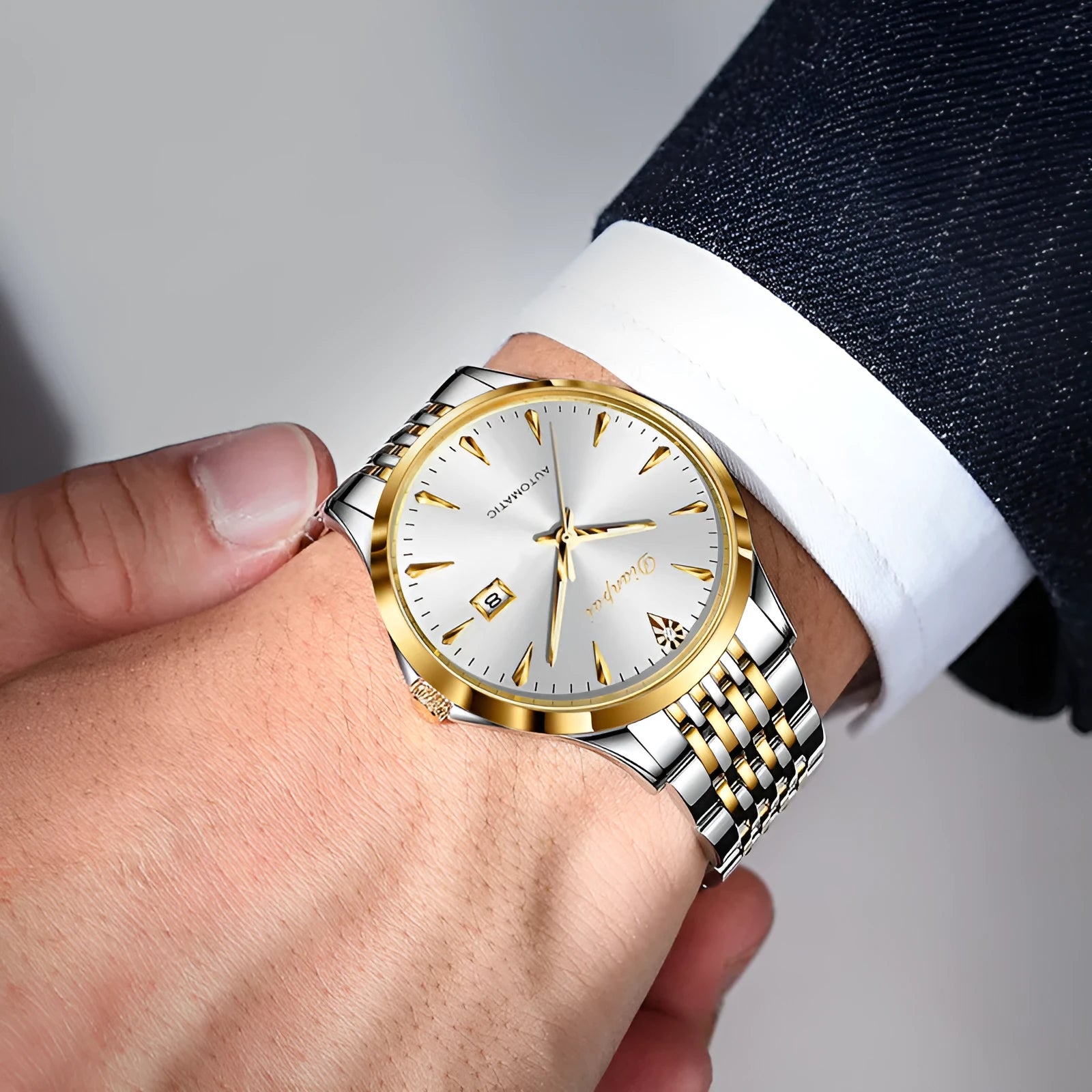 Men's simple dial automatic watch with stainless steel strap in gold-black, gold-blue, gold-white, or white.