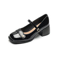 Apricot patent leather chunky heel pump with square toe and ankle buckle