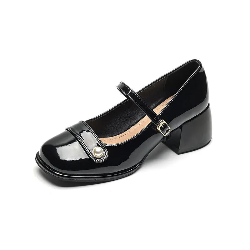 Apricot patent leather chunky heel pump with square toe and ankle buckle