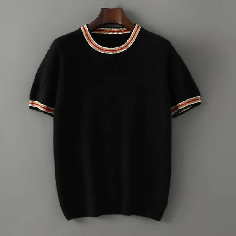 Men's round neck short sleeve pure wool sweater in black, shown on a hanger.