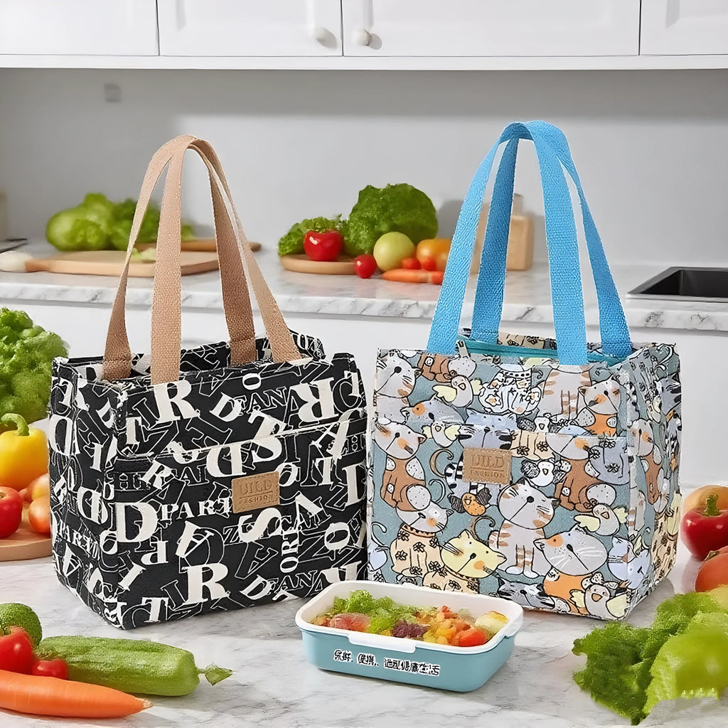 Women's printed canvas bag with aluminium handle in horizontal square design showing floral pattern option