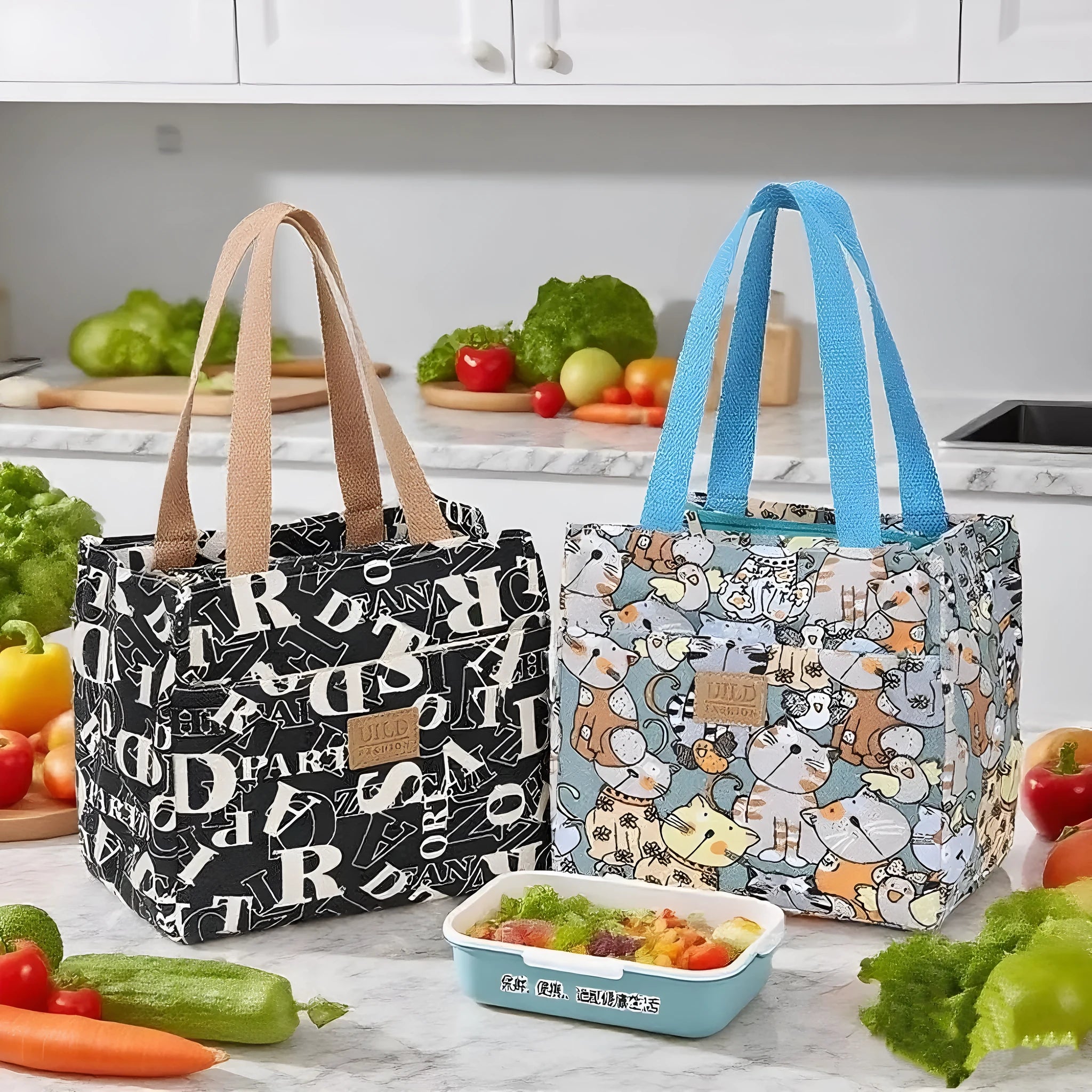 Women's printed canvas bag with aluminium handle in horizontal square design showing floral pattern option