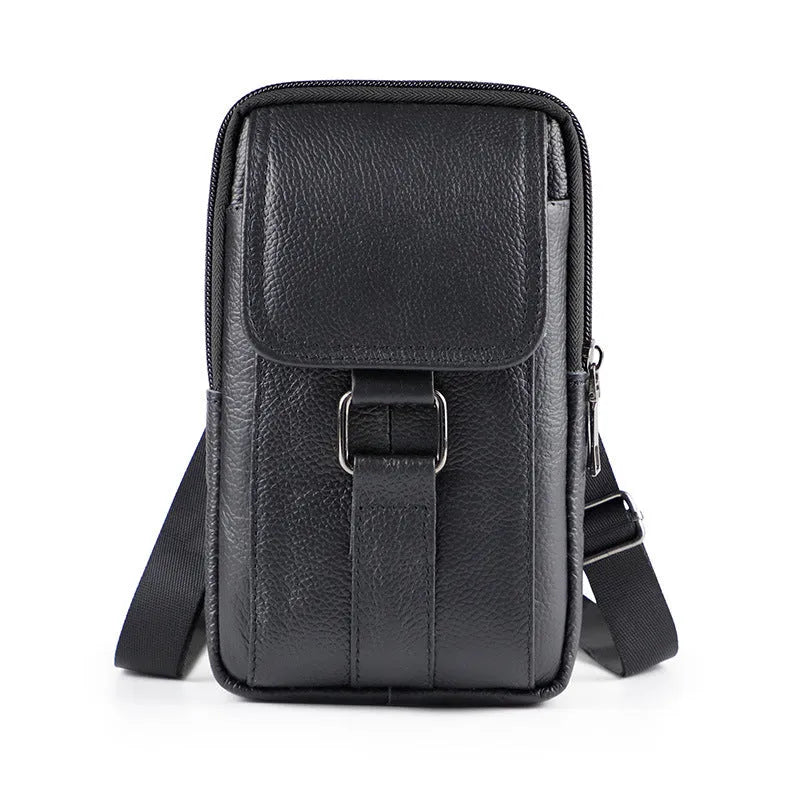 Man's black composite cowhide leather crossbody waist bag with a lock, shown in a vertical square shape.