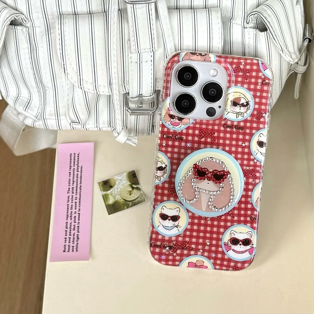 Cartoon glasses puppy spot drill phone case with bracket for iPhone 13-16 in TPU PC material
