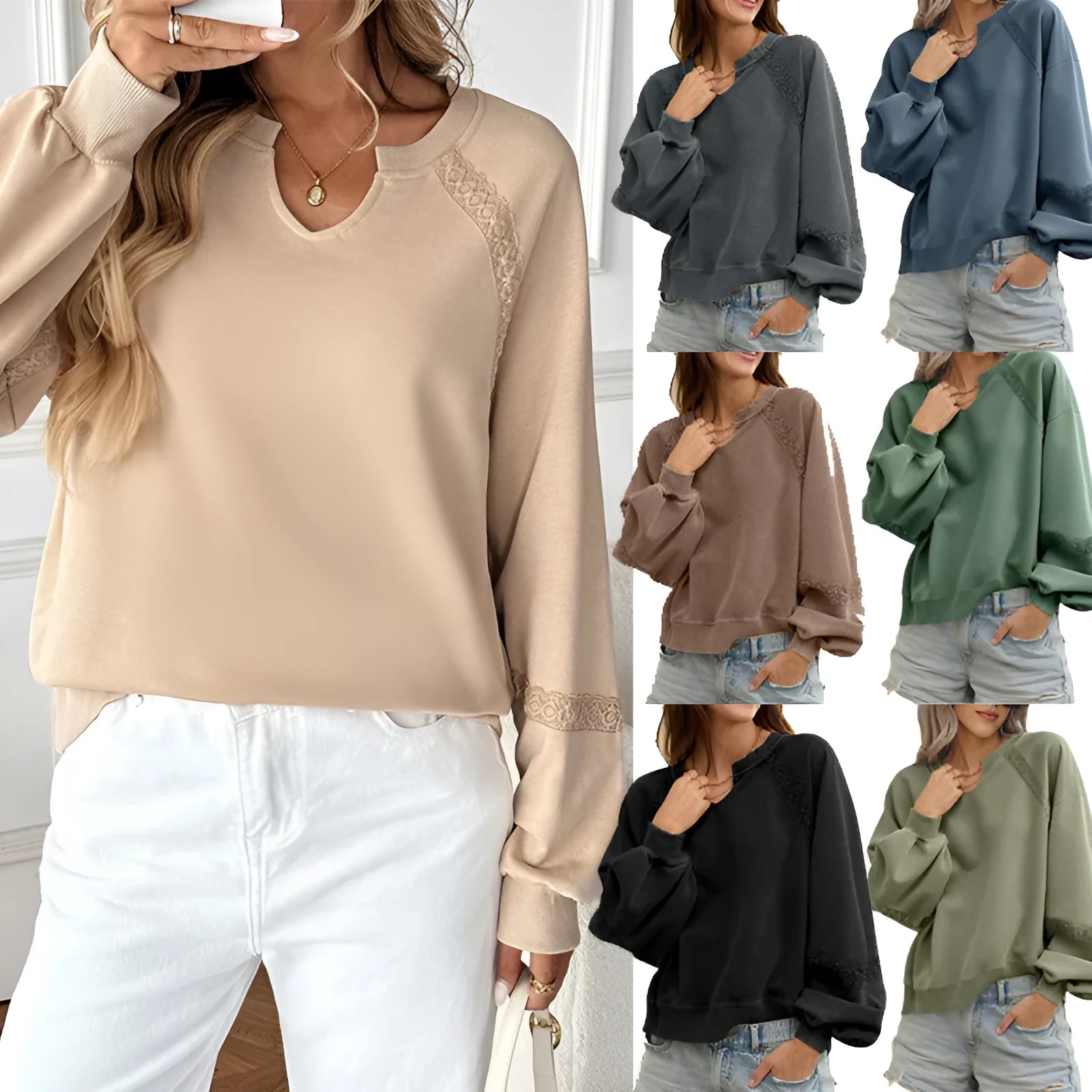 Women's loose fit long sleeve sweater with half-open collar and decorative lace stitching detail