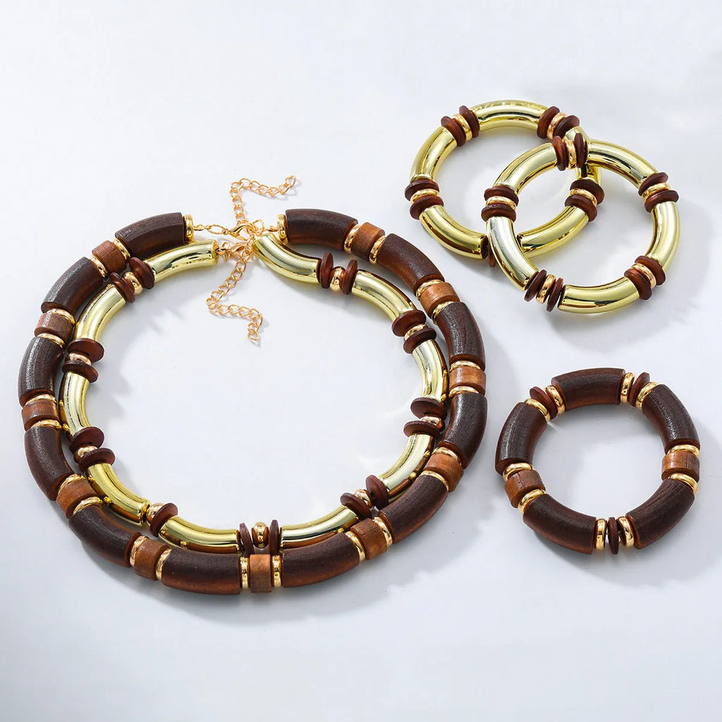 Women's multi-layer wooden necklace and bracelet set with alloy pendant and chain