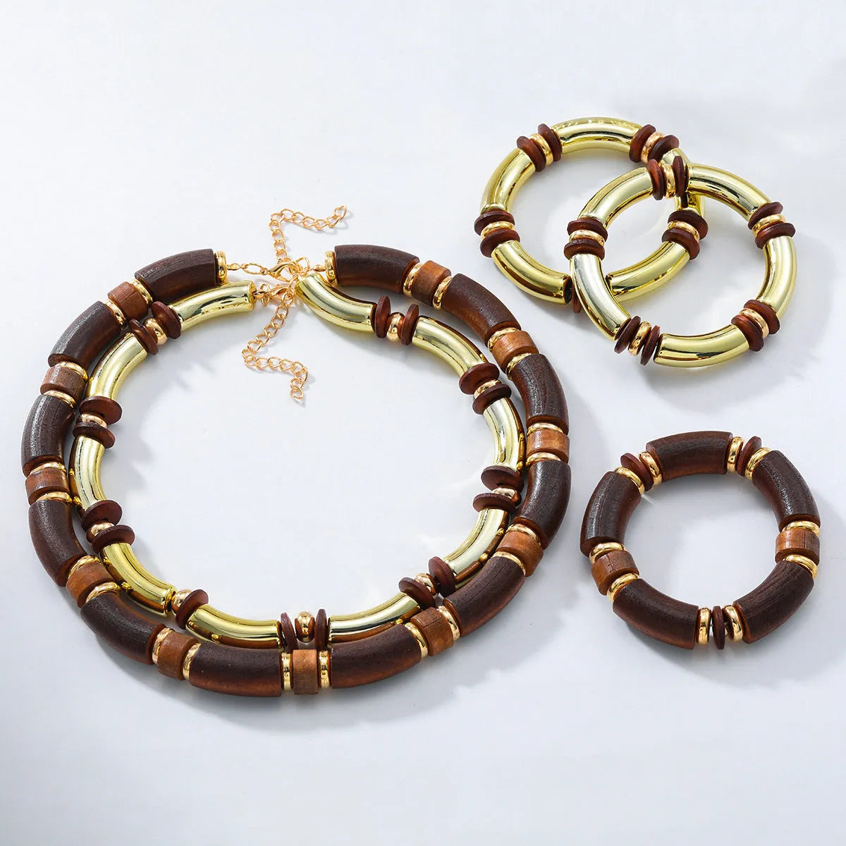 Women's multi-layer wooden necklace and bracelet set with alloy pendant and chain