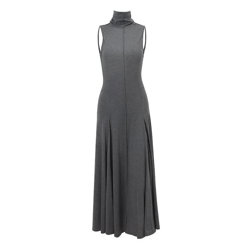 Grey slim-fit backless dress with half turtleneck and high waist design