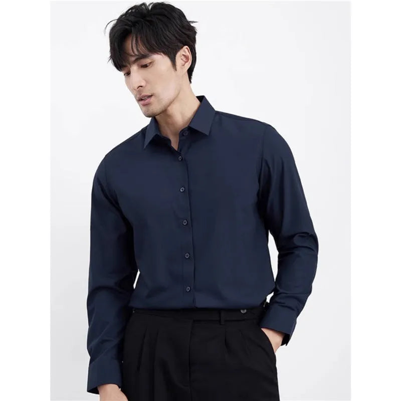 Men's wine red slim fit long sleeve cardigan shirt on a hanger.