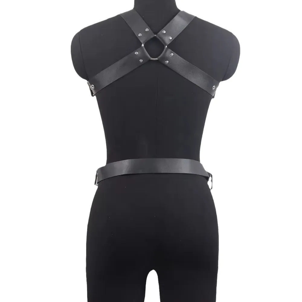 Black imitation leather bondage suit set with thin corset belt and adjustable pin buckle.
