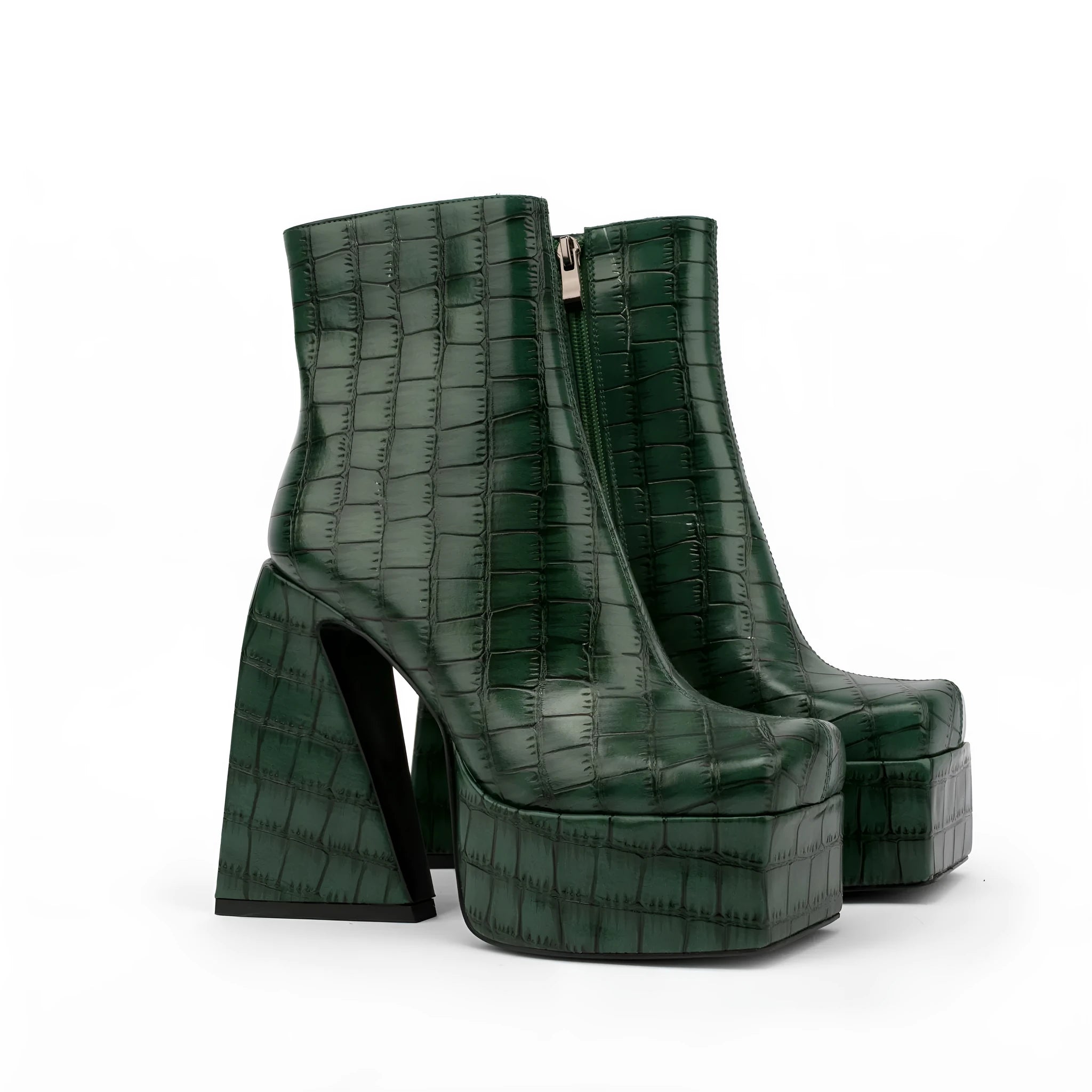 Women's ankle boots in artificial PU leather with a super high heel, shown in red, green, black, beige, and brown colours.