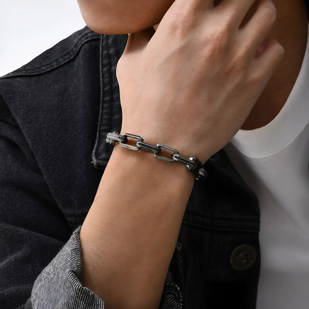Men's simple square chain titanium steel bracelet in black, gold, retro, and steel colour options.