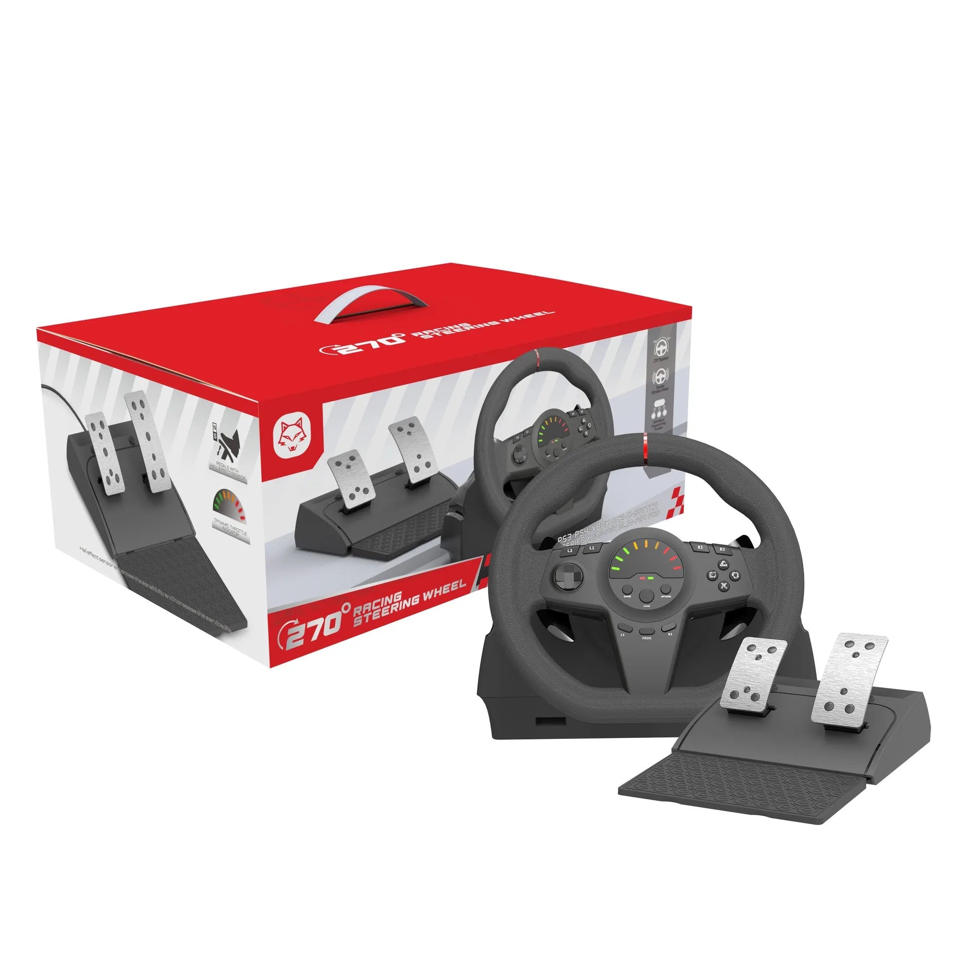 Black multi-platform steering wheel and two pedal set with manual bracket for racing games.