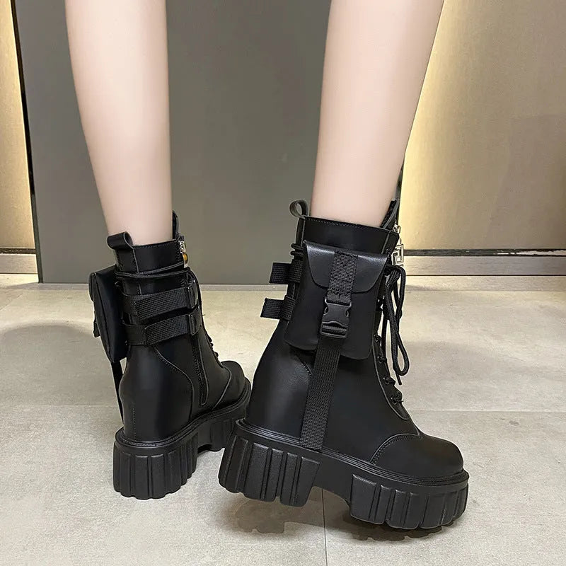 Women's platform mid-calf martin boots in beige with round toe and side zipper