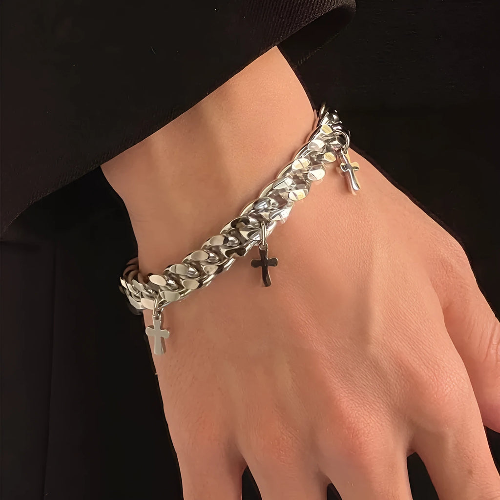 Men's titanium steel bracelet with a geometric cross design in a cold wind style.