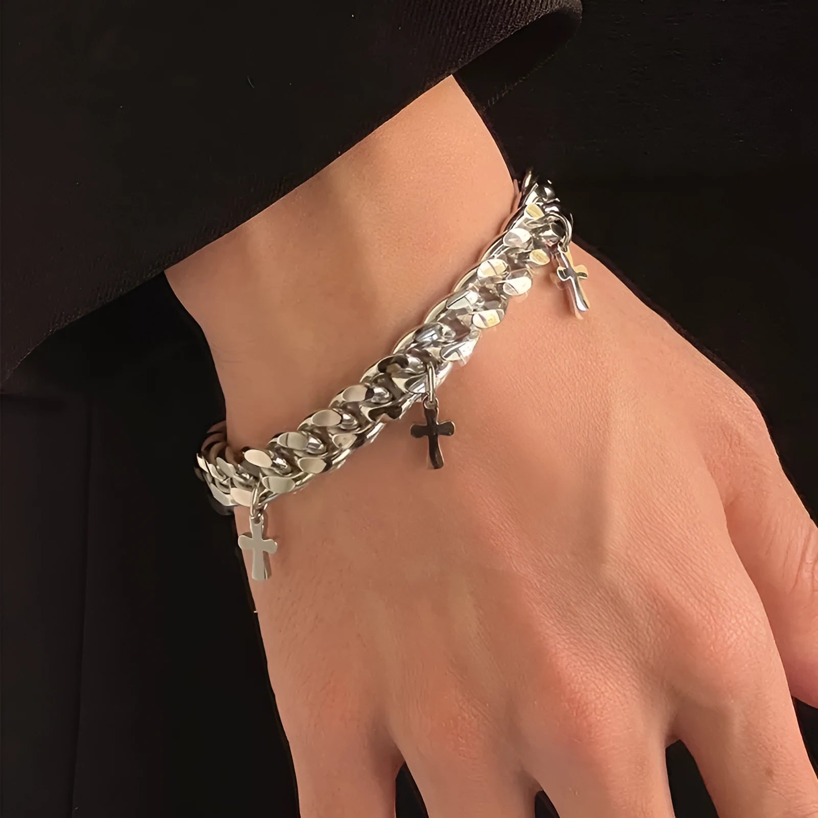 Men's titanium steel bracelet with a geometric cross design in a cold wind style.