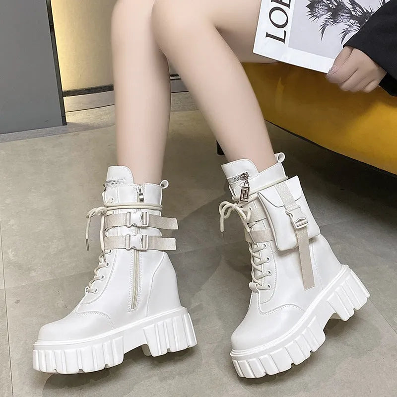 Women's platform mid-calf martin boots in beige with round toe and side zipper
