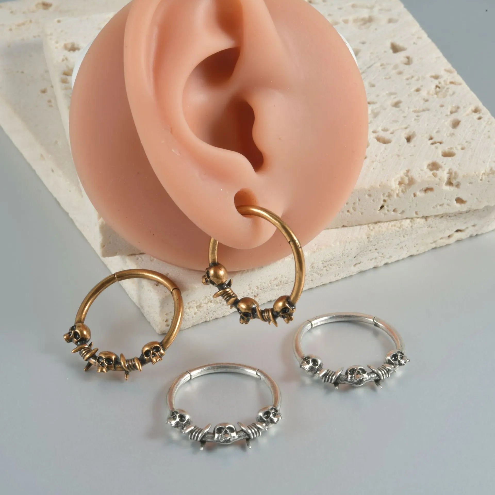 Vintage copper punk earrings with Gothic ghost head designs in antique silver or gold finishes